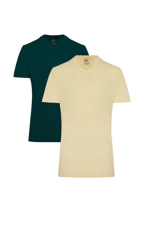 Hatemoğlu Yeşil ve Sarı Regular Fit %100 Pamuk V Yaka İkili Paket Basic Tişört. 1