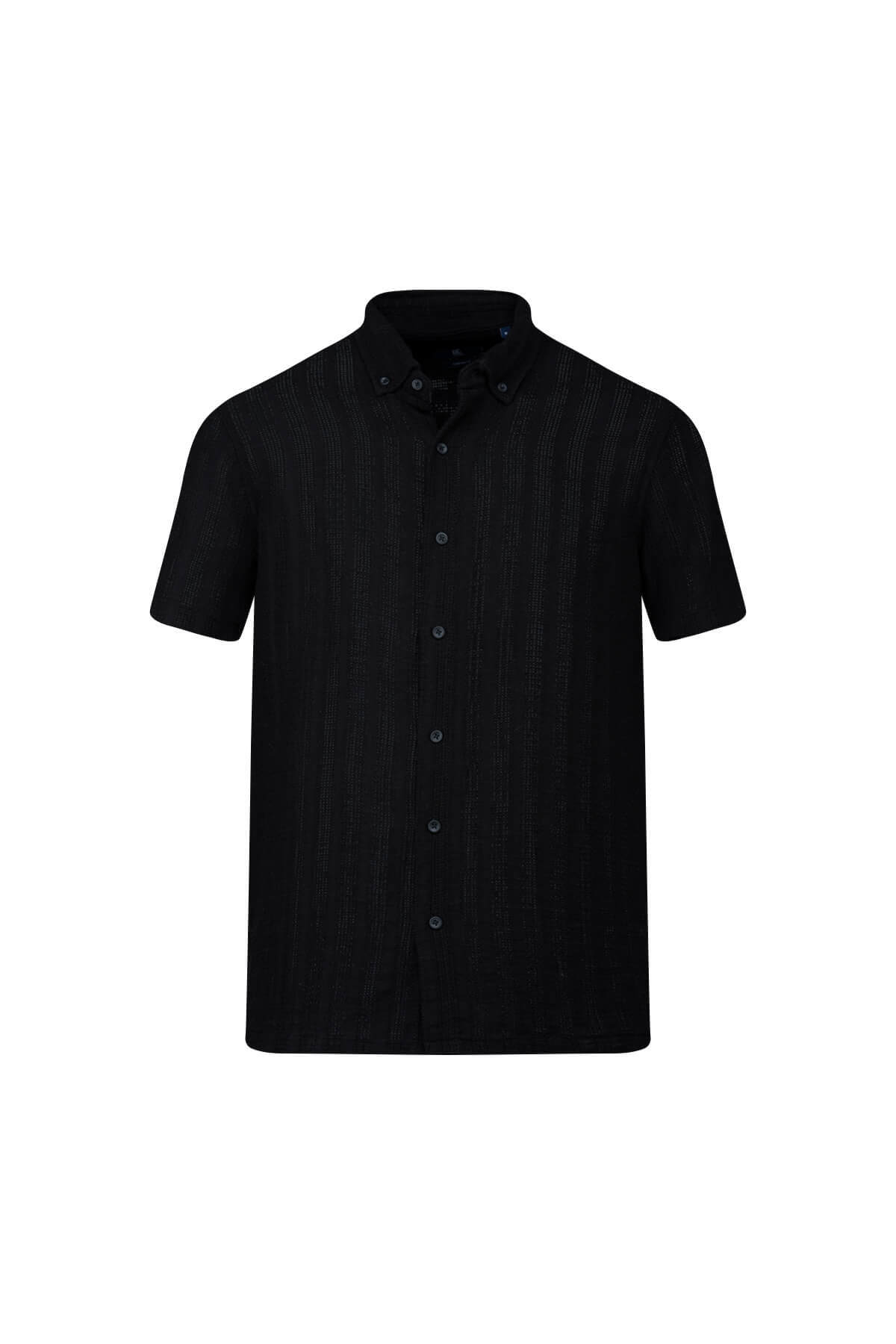 Siyah Comfort Fit Çizgili Düğmeli Yaka 100% Pamuk Kısa Kollu Casual Gömlek