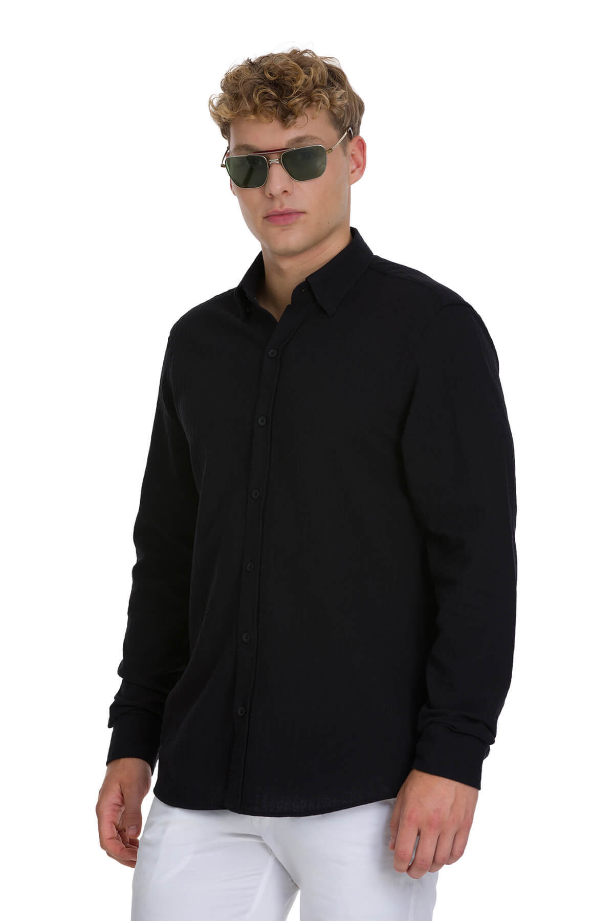 Siyah Comfort Fit Çizgili Düğmeli Yaka 100% Pamuk Uzun Kollu Casual Gömlek