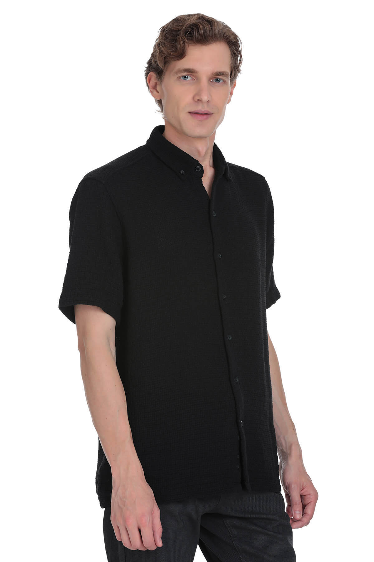 Siyah Comfort Fit Düğmeli Yaka 100% Pamuk Kısa Kollu Casual Gömlek