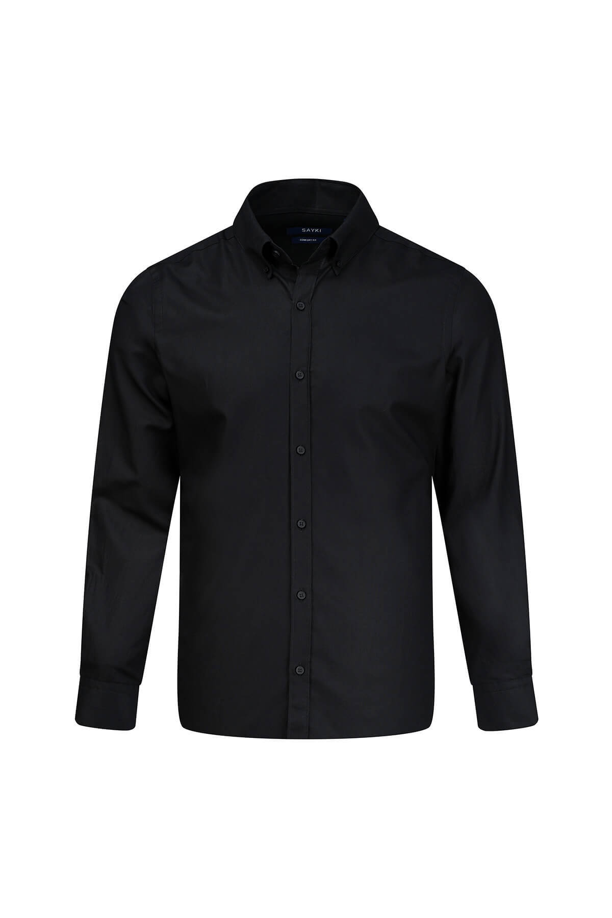 Siyah Comfort Fit Düğmeli Yaka 100% Pamuk Uzun Kollu Oxford Gömlek
