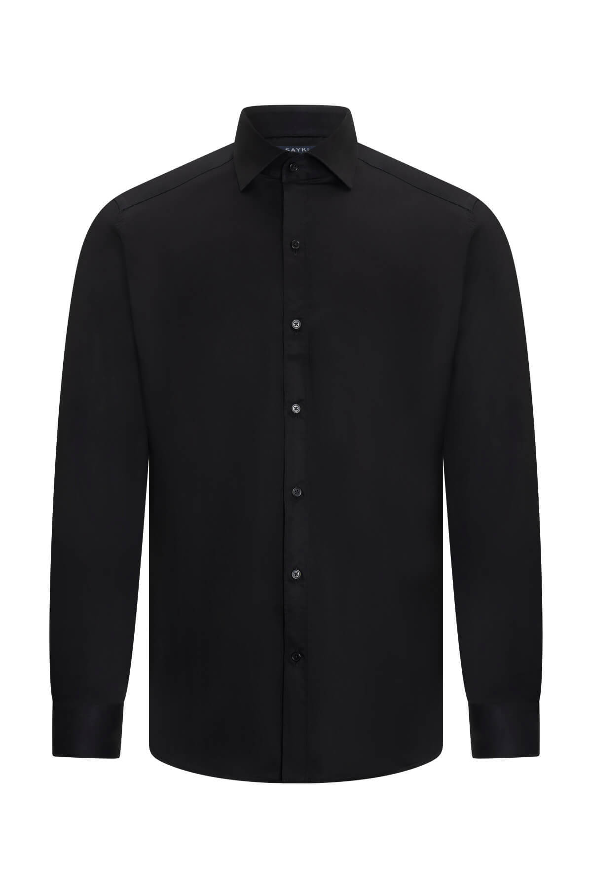 Siyah Comfort Fit Slim Yaka 100% Pamuk Devrik Manşet Uzun Kollu Saten Gömlek