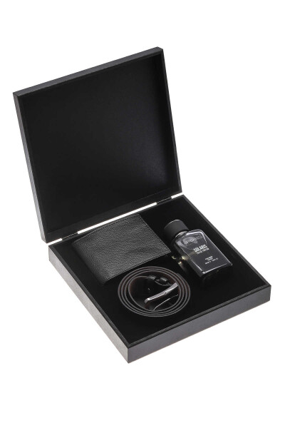 Ahşap Kutulu Erkek Parfüm Cüzdan Kemer 3'lü Hediyelik Set - Hatemoğlu