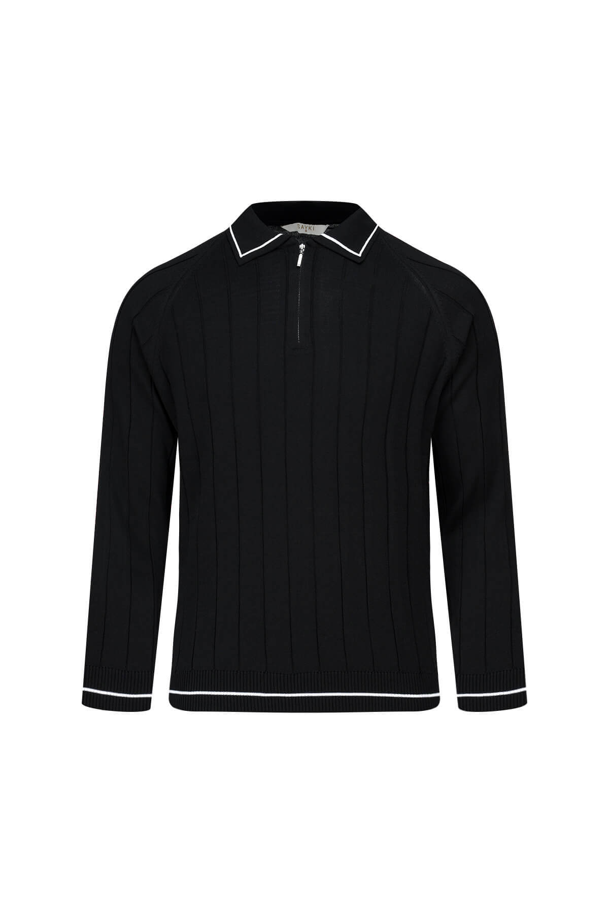 Siyah Regular Fit Fermuarlı Polo Yaka Rayon Triko Kazak