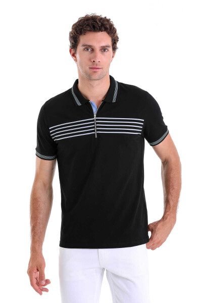 Siyah Regular Fit Çizgili 100% Pamuk Polo Yaka Tişört - Hatemoğlu