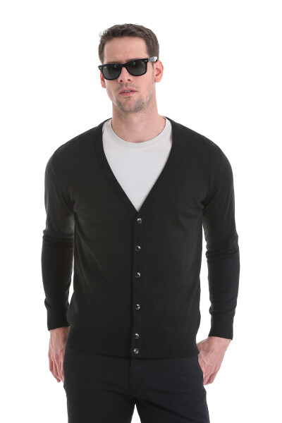 Siyah Regular Fit Düğmeli Triko Hırka - Hatemoğlu