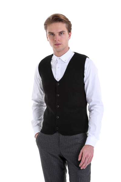 Siyah Comfort Fit V Yaka Yünlü Klasik Triko Yelek - Hatemoğlu