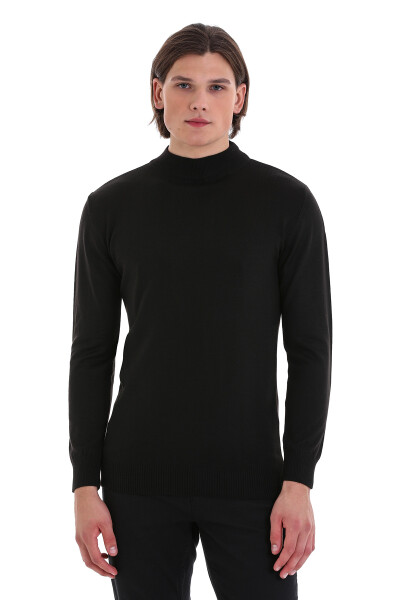 Siyah Regular Fit Yarım Balıkçı Yaka Yünlü Triko Kazak - Hatemoğlu