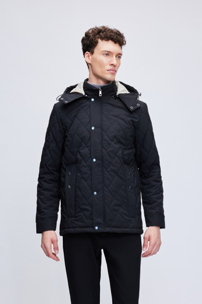 Siyah Regular Fit Hakim Yaka Kapitone Kapüşonlu Mont - Hatemoğlu