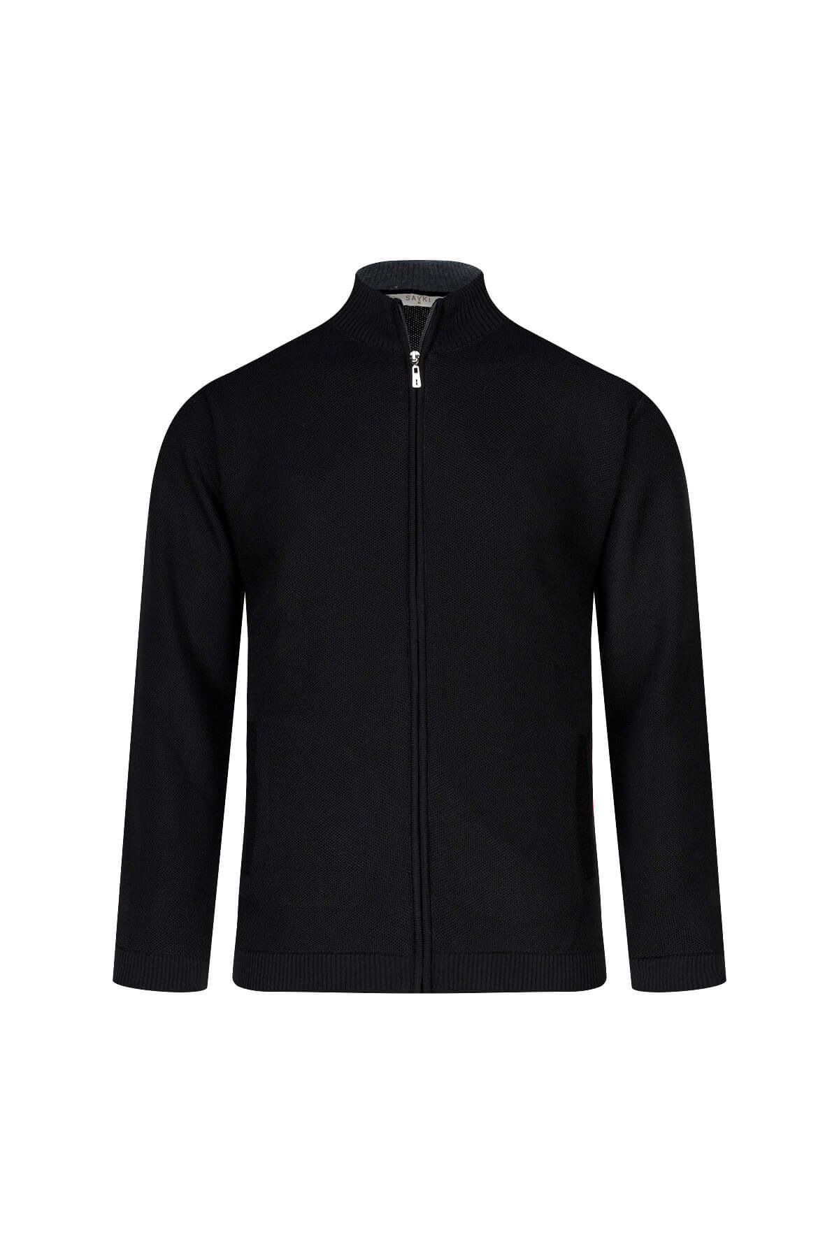 Siyah Regular Fit Yarım Balıkçı Yaka Cepli Yünlü Hırka