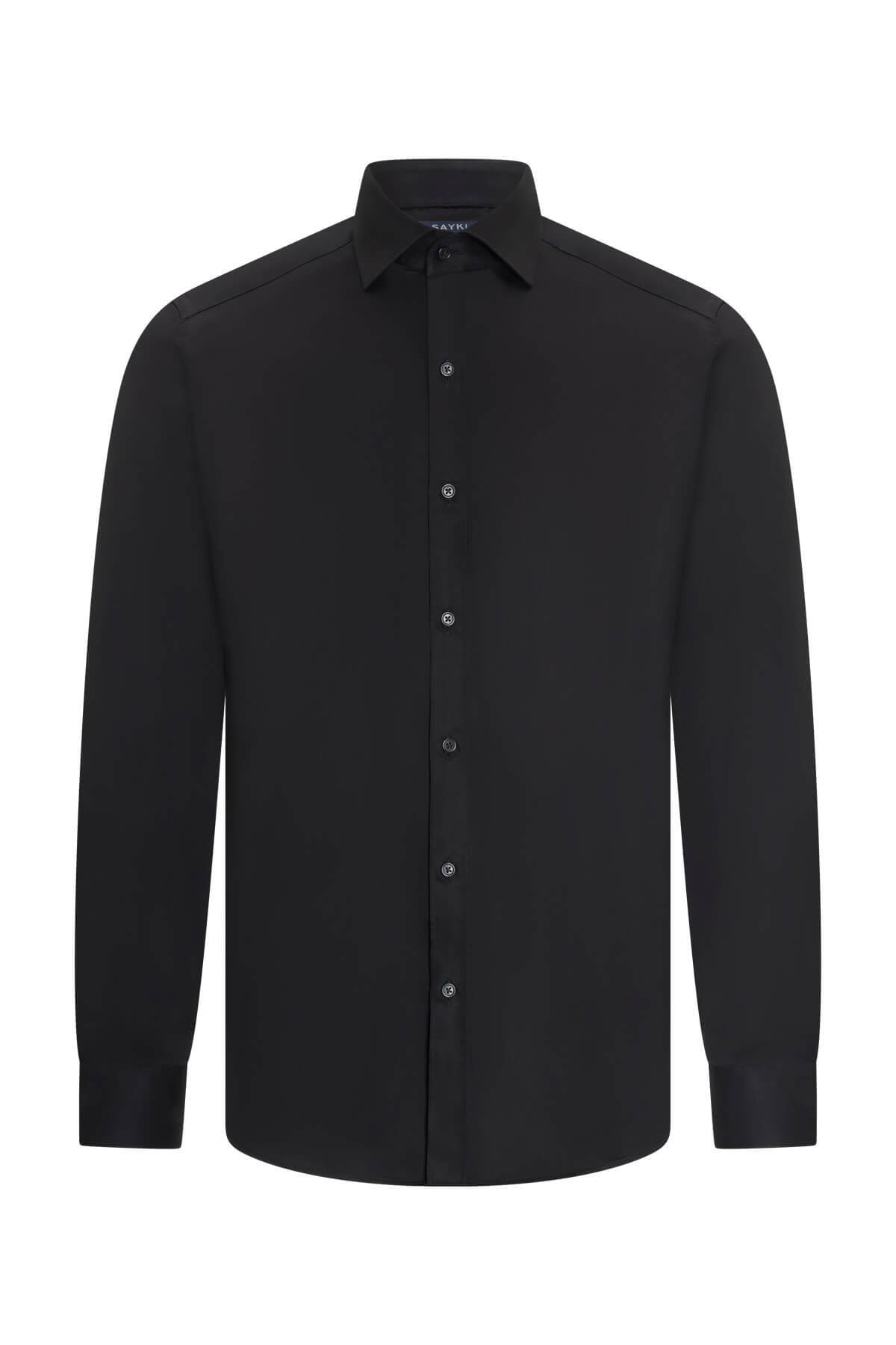 Siyah Slim Fit Açık İtalyan Yaka Uzun Kollu Saten Gömlek