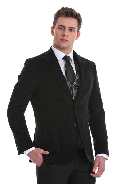 Siyah Slim Fit Düz Mono Yaka Pamuklu Kadife Ceket - HTML