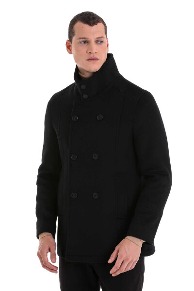 Siyah Slim Fit Hakim Yaka Kruvaze Yünlü Kaşe Kaban - Hatem Saykı