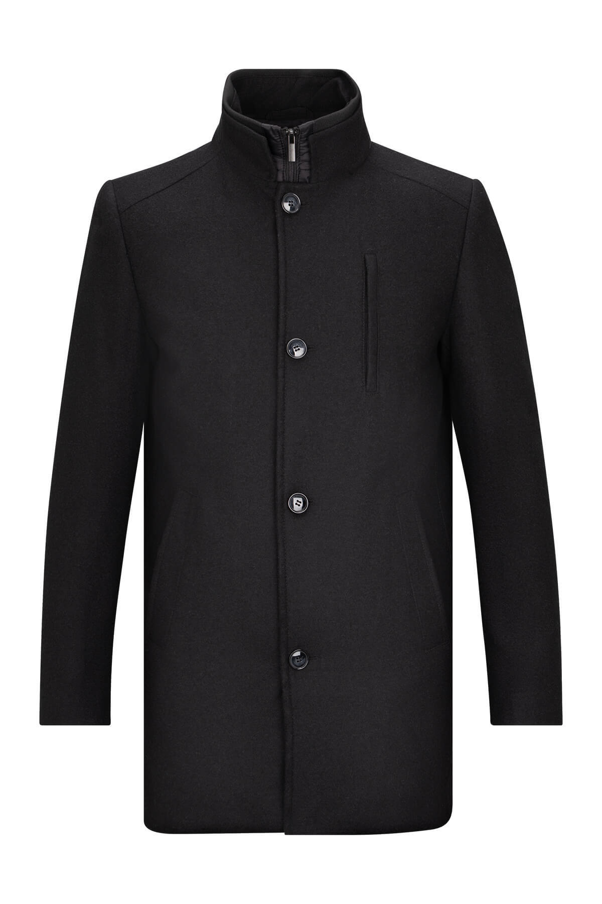 Siyah Slim Fit Hakim Yaka Yünlü Kaşe Palto