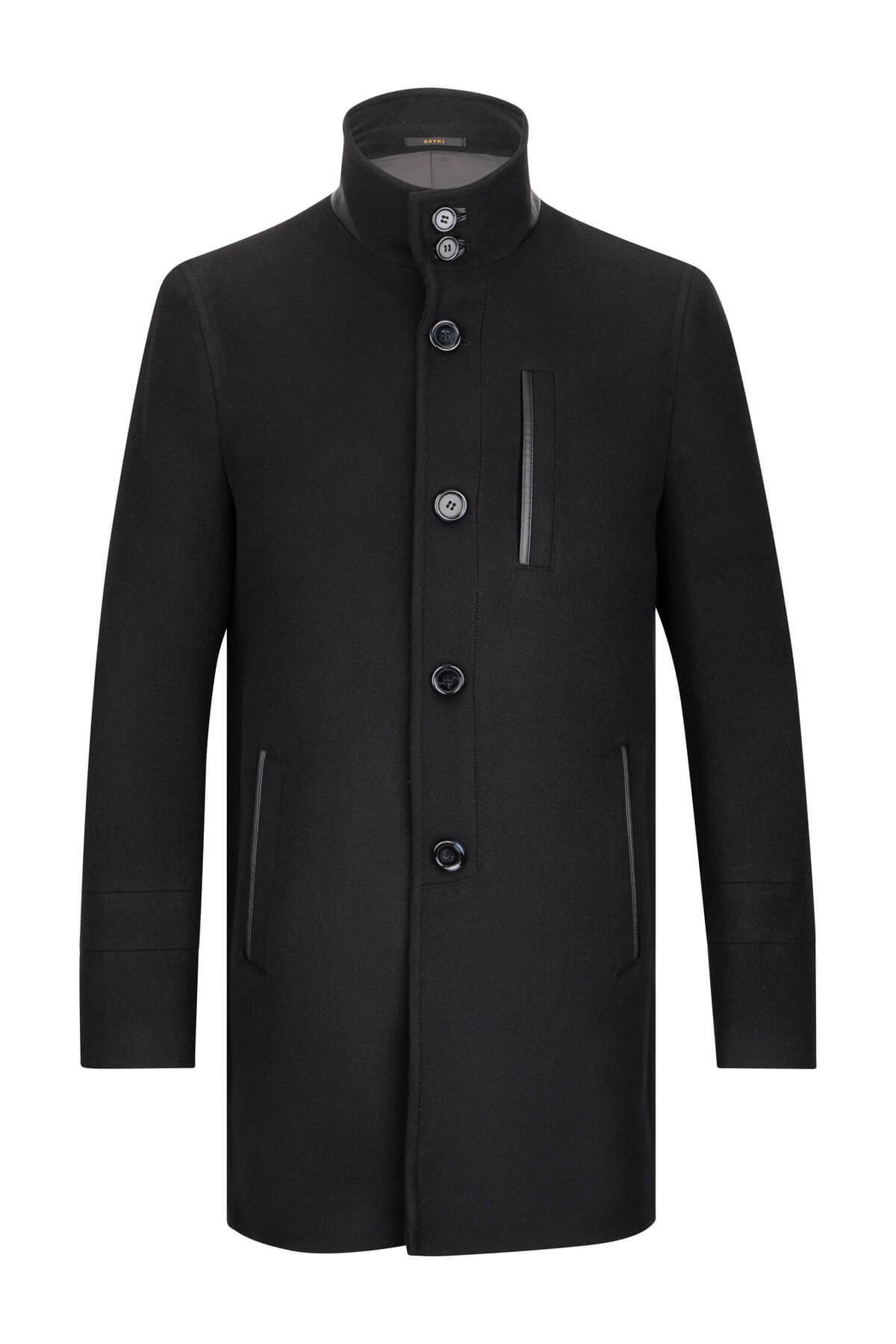 Siyah Slim Fit Hakim Yaka Yünlü Palto