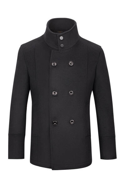 Siyah Slim Fit Kruvaze Yünlü Kaşe Kaban