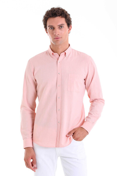 Turuncu Comfort Fit 100% Pamuk Düğmeli Yaka Uzun Kollu Casual Oxford Gömlek - Hatem Saykı