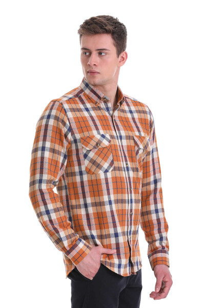 Turuncu Slim Fit Kareli 100% Pamuklu Düğmeli Yaka Uzun Kollu Casual Gömlek - Hatem Saykı