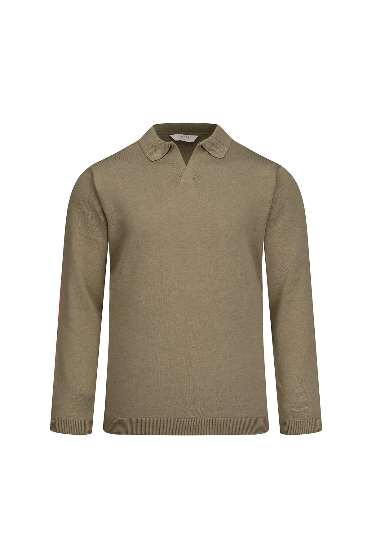 Yeşil Regular Fit Polo Yaka Pamuklu Kazak
