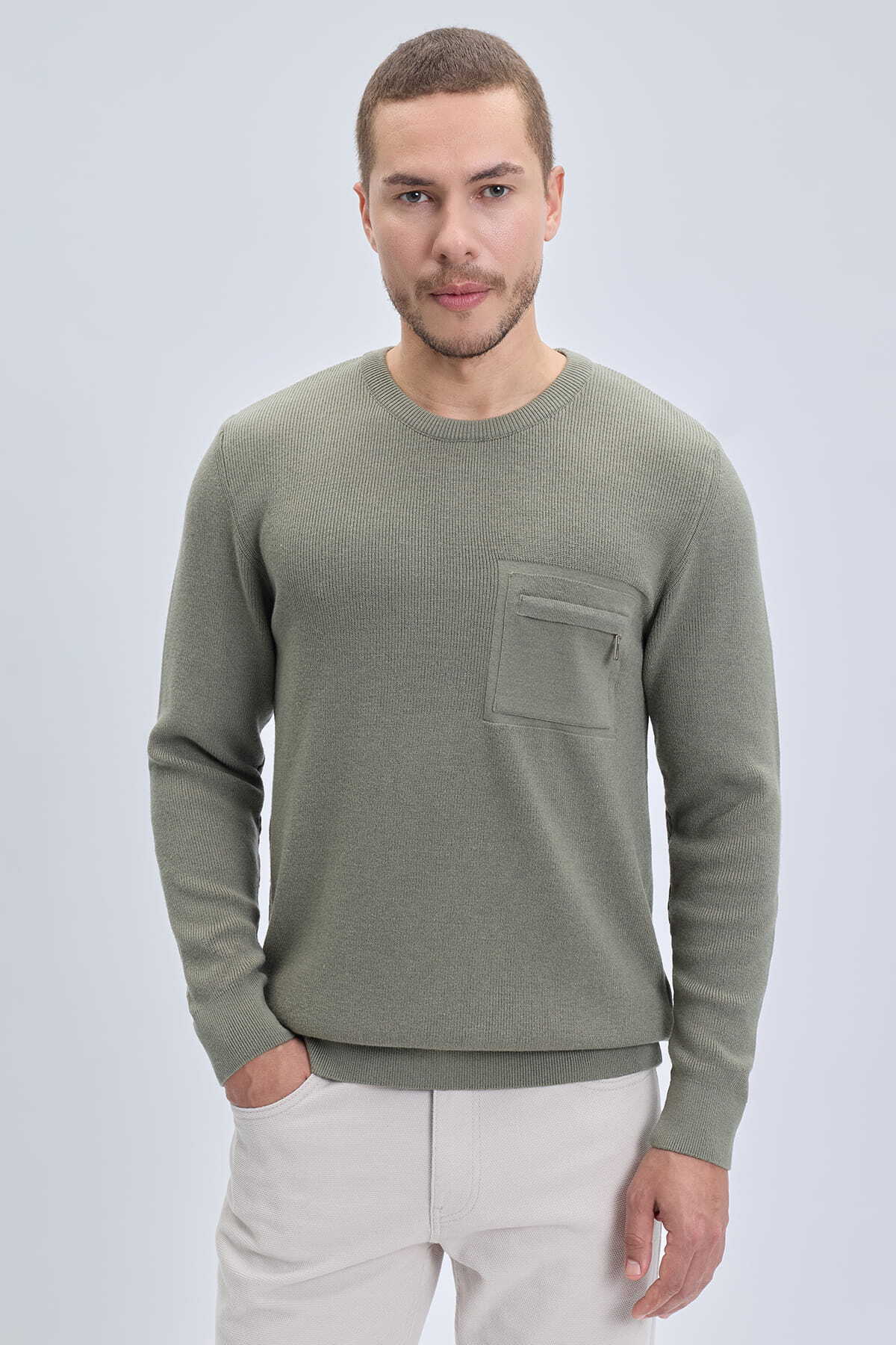 Yeşil Regular Fit Bisiklet Yaka Kazak
