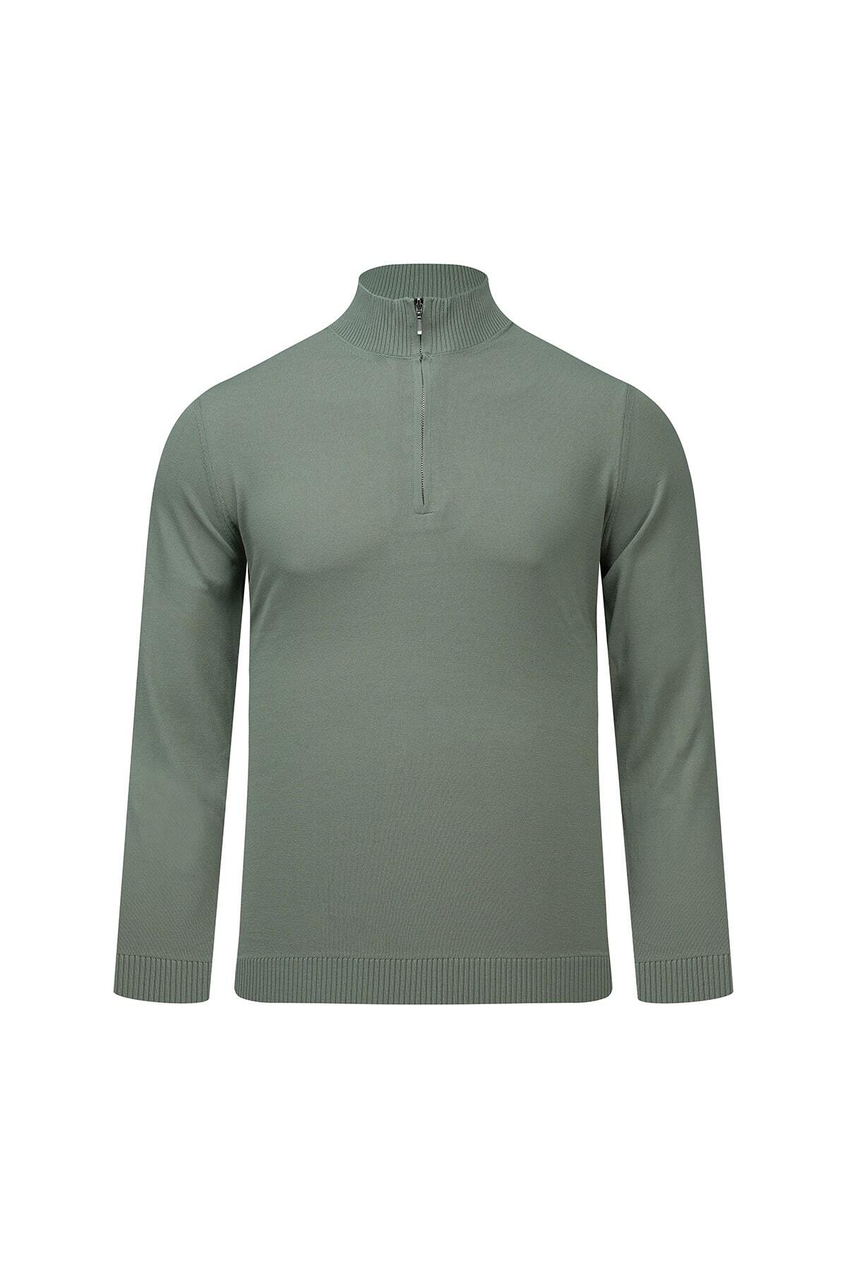 Yeşil Regular Fit Yarım Balıkçı Yaka Fermuarlı  Kazak