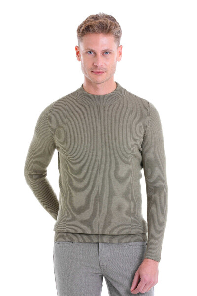 Yeşil Slim Fit Fitilli Yarım Balıkçı Yaka Yünlü Kazak - Hatemoğlu
